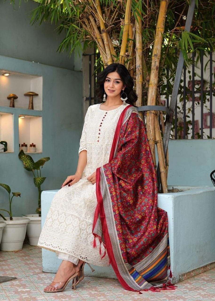Pure Chikankari Anarkali kurti with pant and silk chanderi digital Print dupatta set