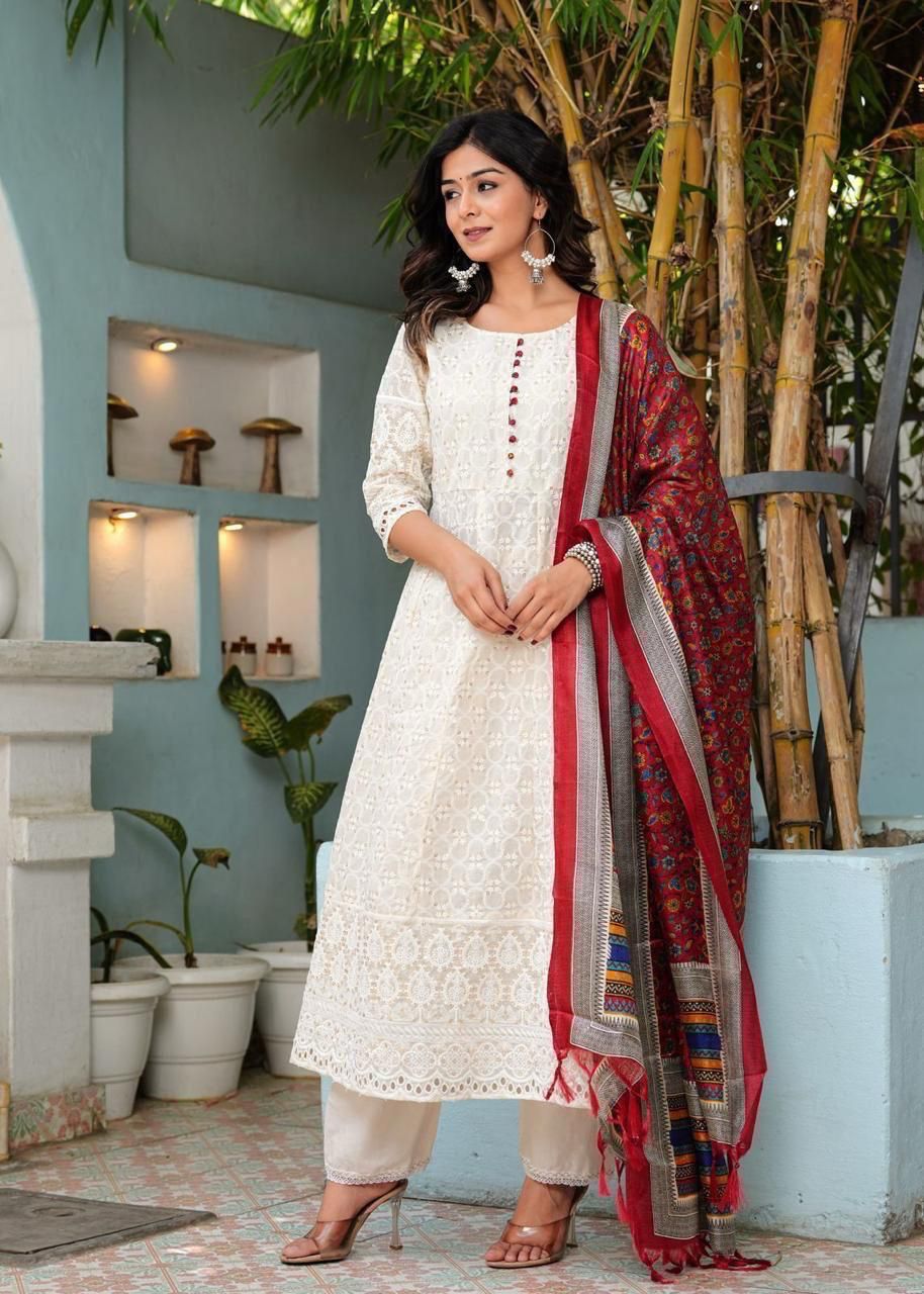Pure Chikankari Anarkali kurti with pant and silk chanderi digital Print dupatta set
