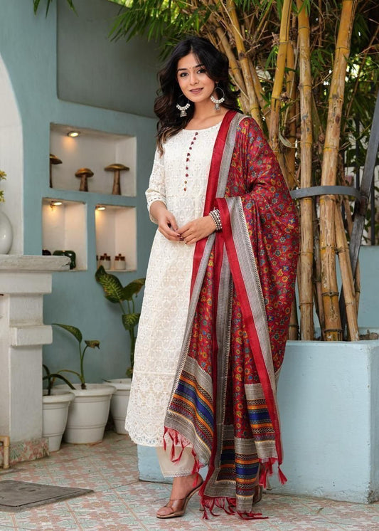 Pure Chikankari Anarkali kurti with pant and silk chanderi digital Print dupatta set