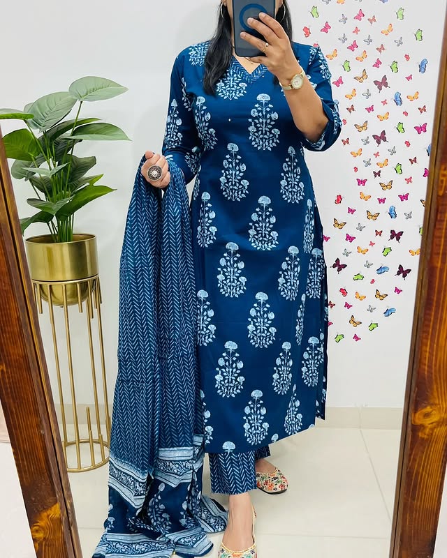 Pure Blue and White Floral Print Kurti Pant