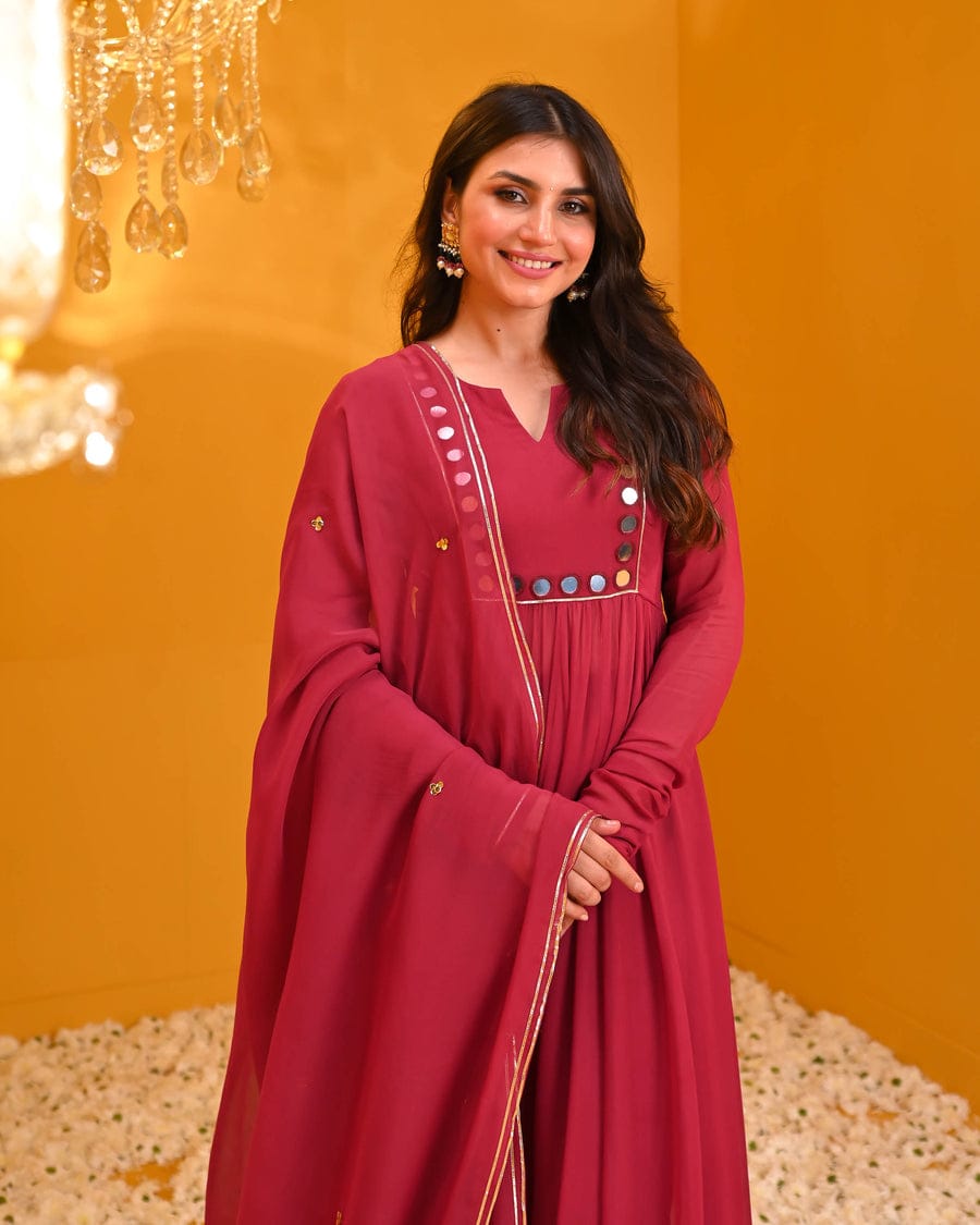 Pure Red BEAUTIFUL RAYON ANARKALI KURTI PANT AND DUPATTA