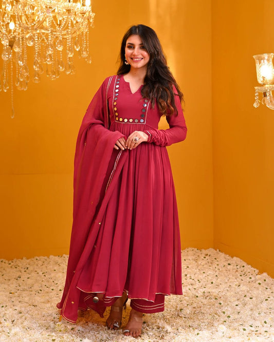 Pure Red BEAUTIFUL RAYON ANARKALI KURTI PANT AND DUPATTA