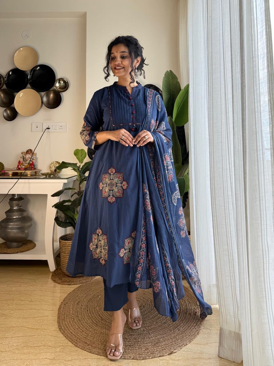Pure Cotton With Pech work in kurta & sleeves.A-Line  kurta Pant And Dupatta Set