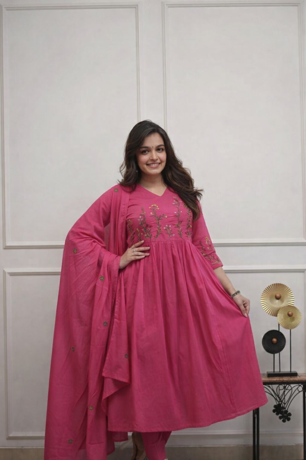 Premium Cotton Natra Cut Anarkali Kurti Pant Set with Dupatta