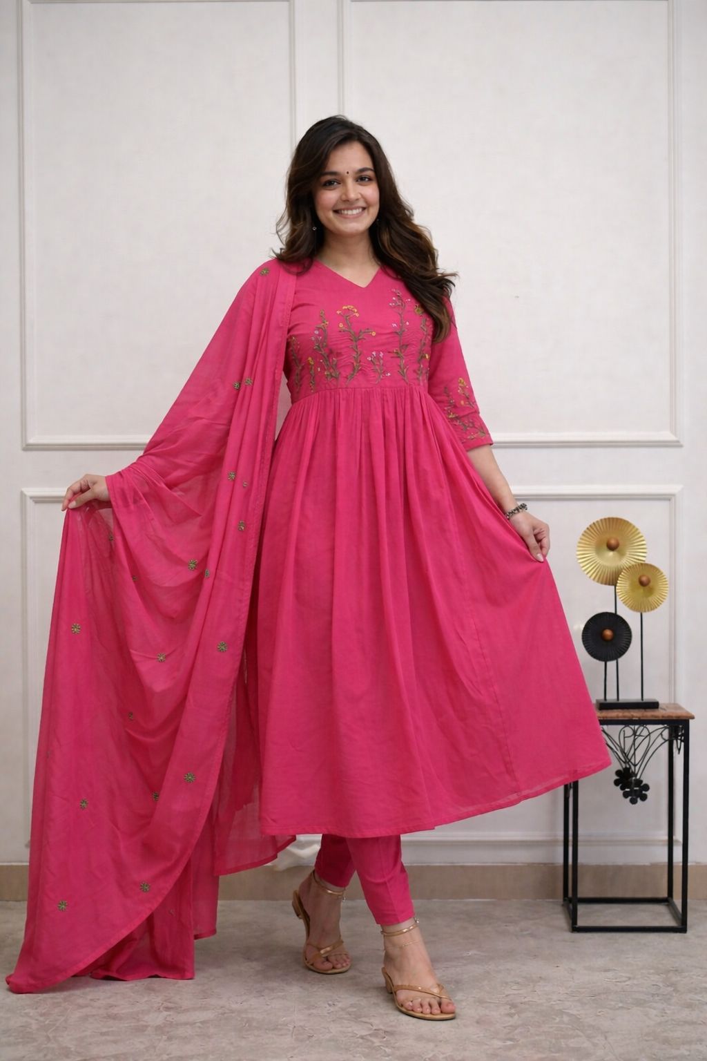 Premium Cotton Natra Cut Anarkali Kurti Pant Set with Dupatta