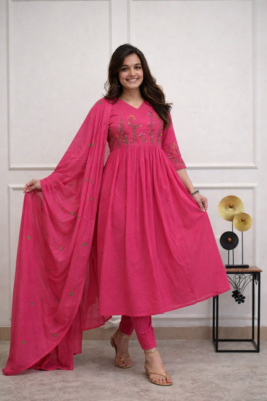 Premium Cotton Natra Cut Anarkali Kurti Pant Set with Dupatta