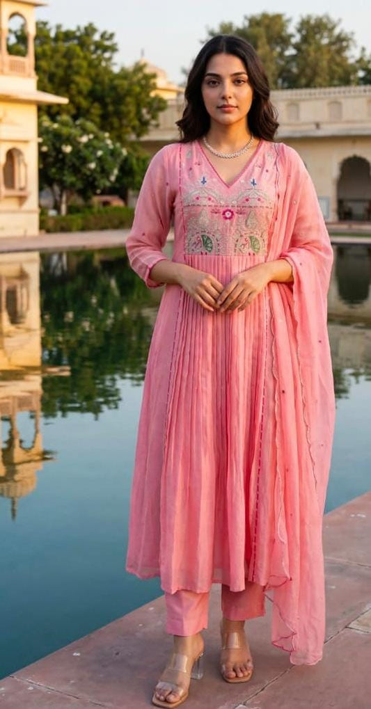 Pink Pure Cotton Kurti Pant With Dupatta