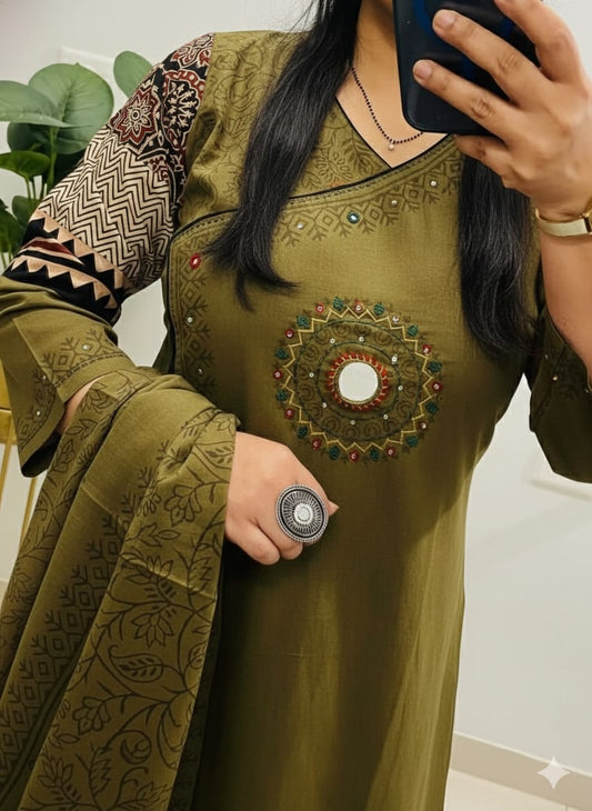 olive green cotton kurti set featuring intricate mirror work