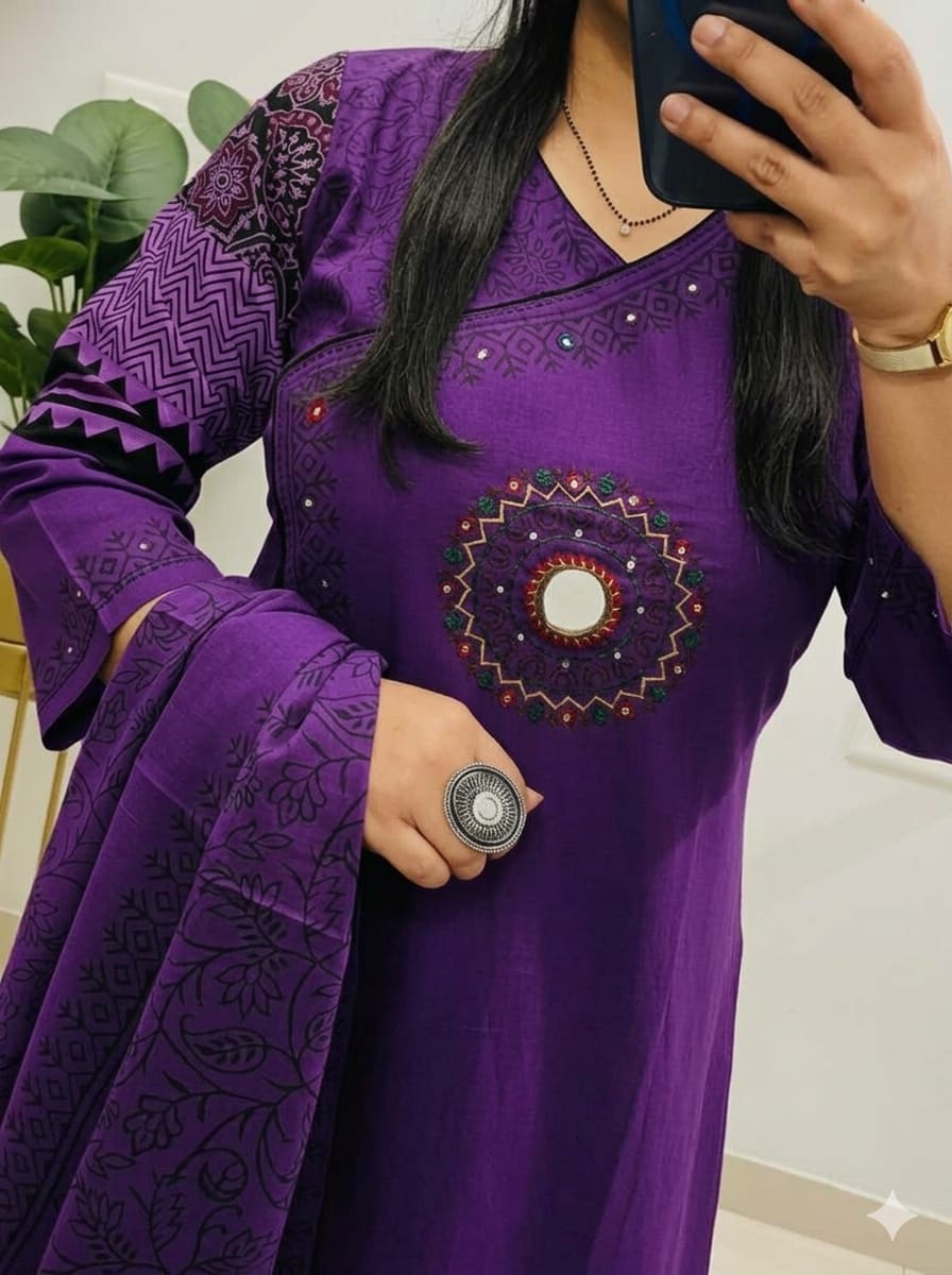 purple cotton Angrakha style suit with dabu print, mirror work
