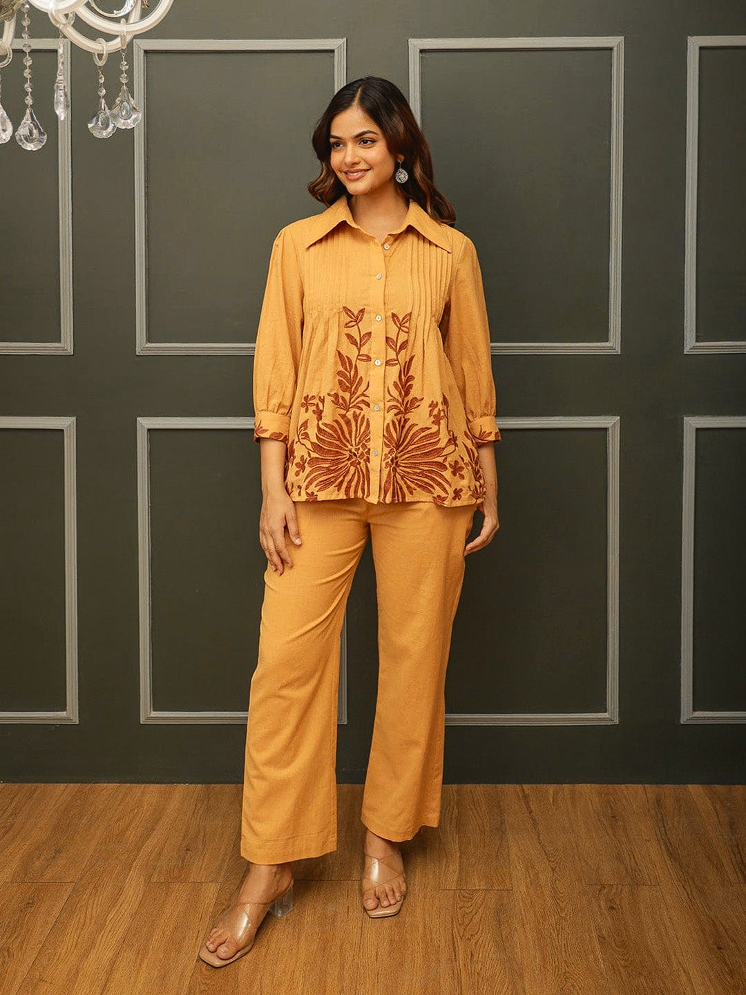 Yellow kurta pant set with embroidery work