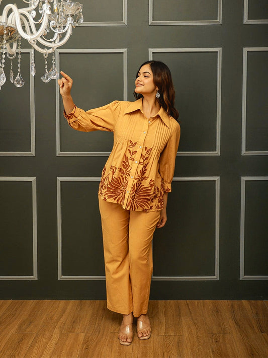 Yellow kurta pant set with embroidery work
