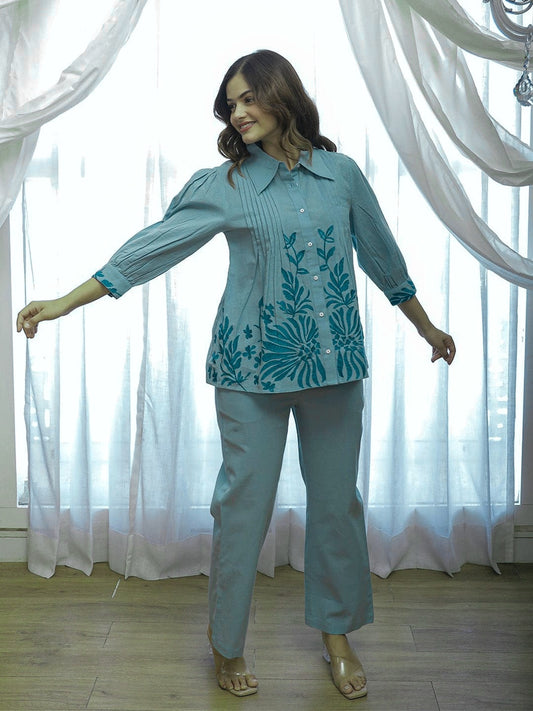 Aadews Stetson Embroidered Pure Cotton Co-ord Set in blue