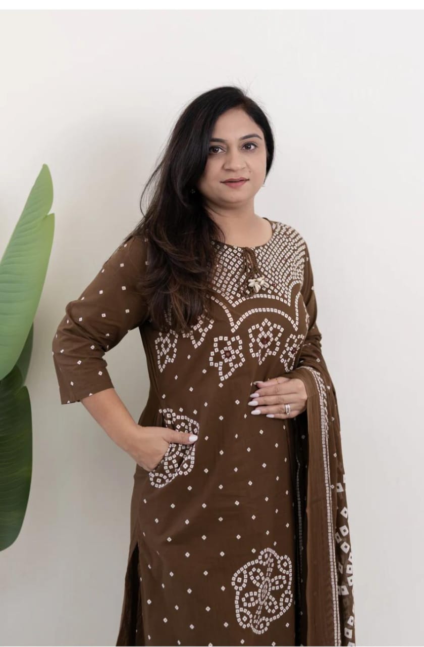 brown cotton Bandhani straight pant set