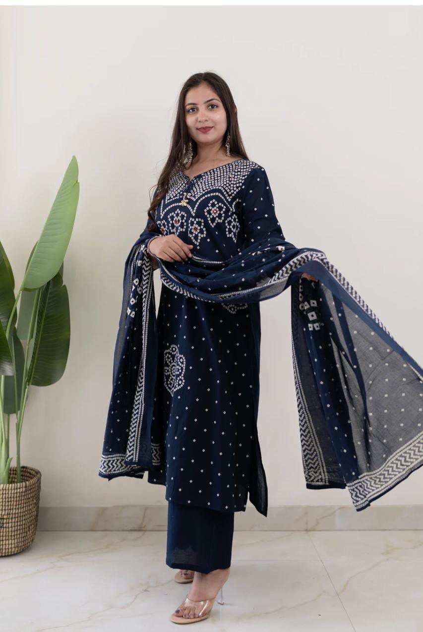 Mishi Navy Blue Cotton Bandhani Straight Dupatta Set