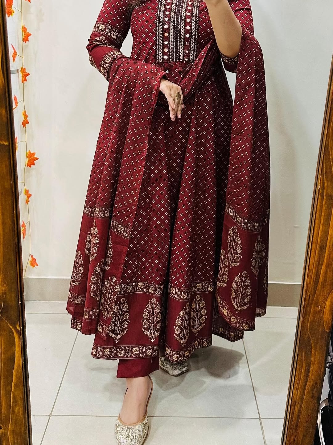 maroon rayon printed Anarkali kurta set with a matching dupatta