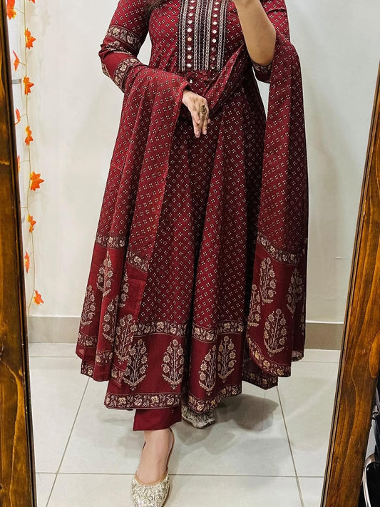 maroon rayon printed Anarkali kurta set with a matching dupatta
