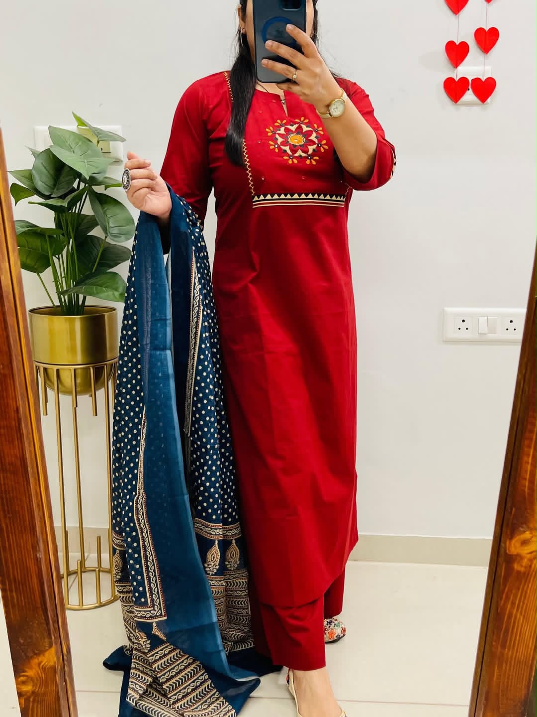 maroon cotton embroidered kurta set featuring a V-neckline