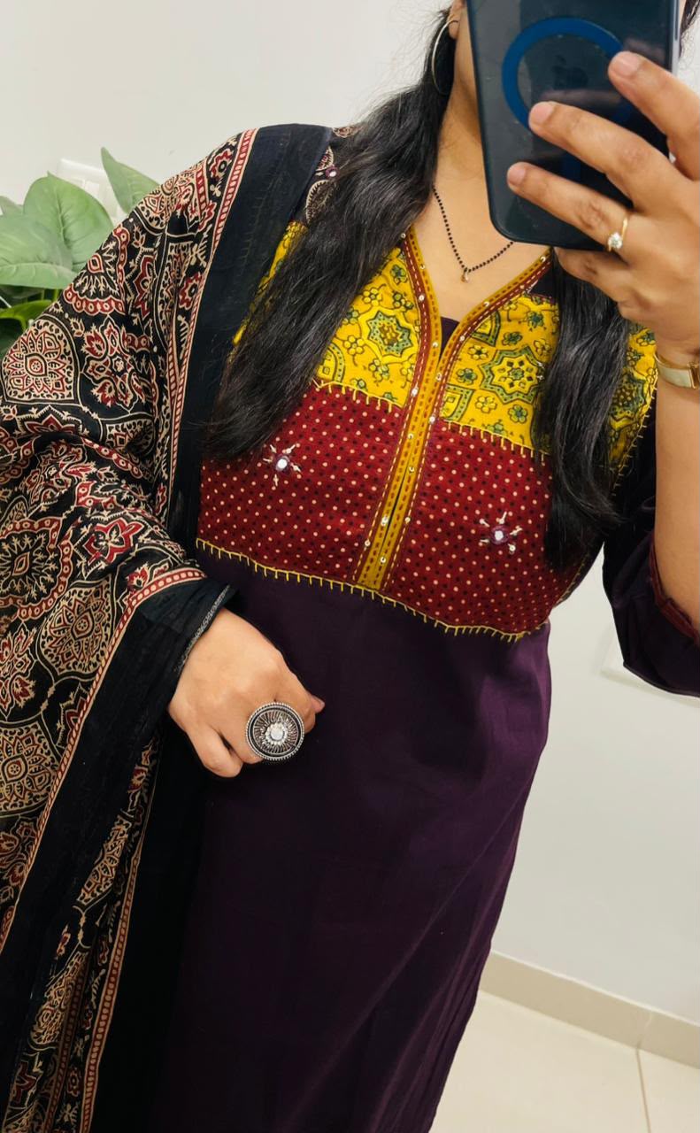 Dhabu Cotton Kurta Set featuring a prominent Ajrakh print patchwork yoke
