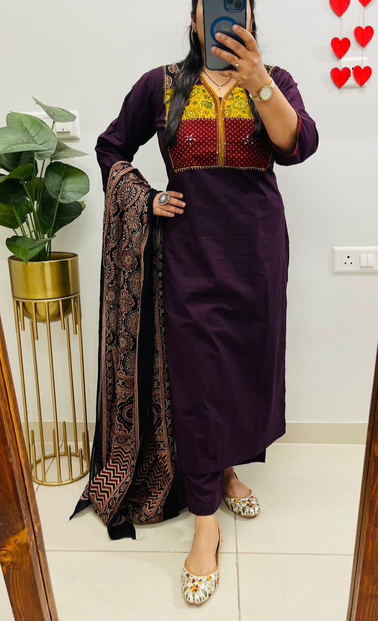 Dhabu Cotton Kurta Set featuring a prominent Ajrakh print patchwork yoke