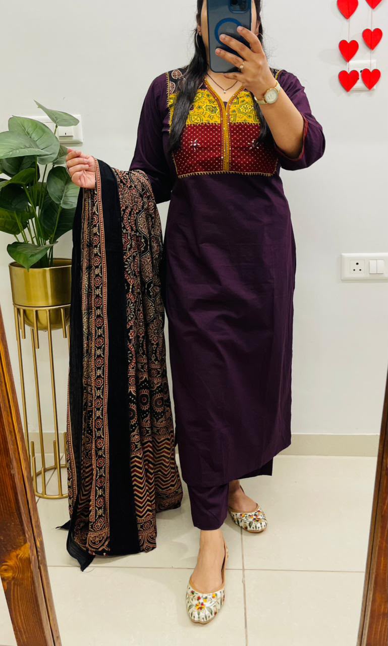 Dhabu Cotton Kurta Set featuring a prominent Ajrakh print patchwork yoke