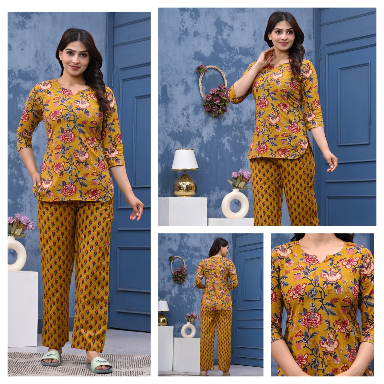 yellow Yogna Artificial women's floral printed pure cotton night suit