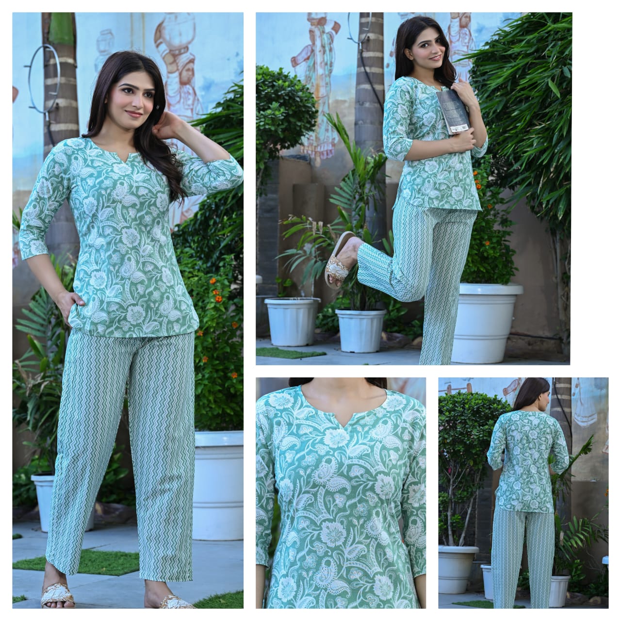 green printed pure cotton night suit set