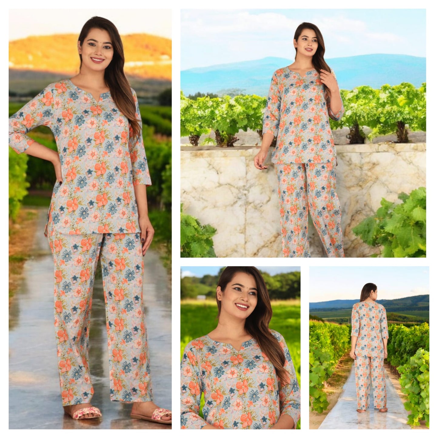 blue and orange printed top and matching trousers