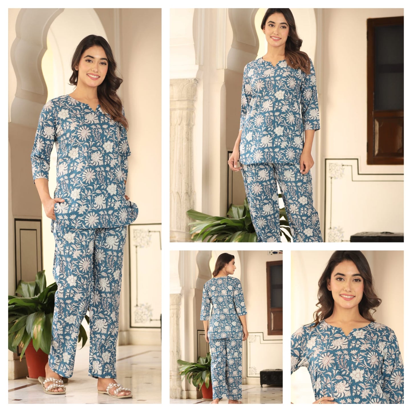 floral printed night suit set with matching pyjamas