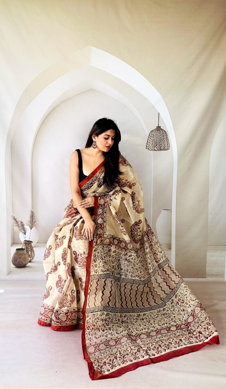 Kota Doria Saree with Traditional Indian Print