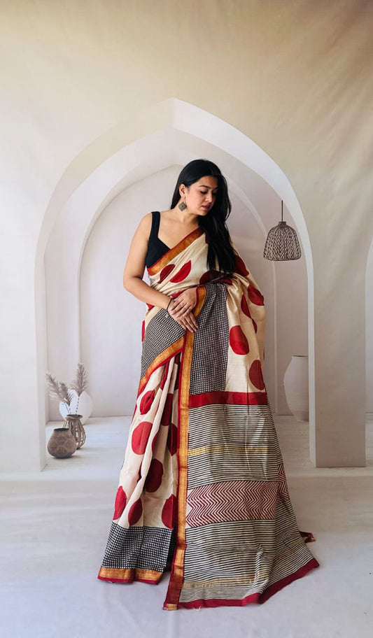 Authentic Maheshwari Saree with Border - bagru saree suit