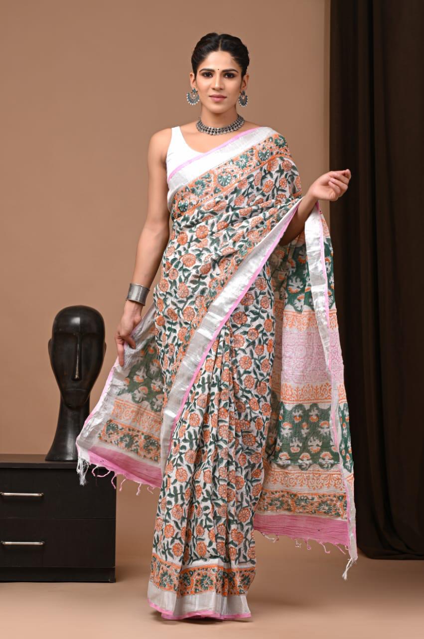 Bagru Art Linen Saree – Hand Block Printed - bagru saree suit