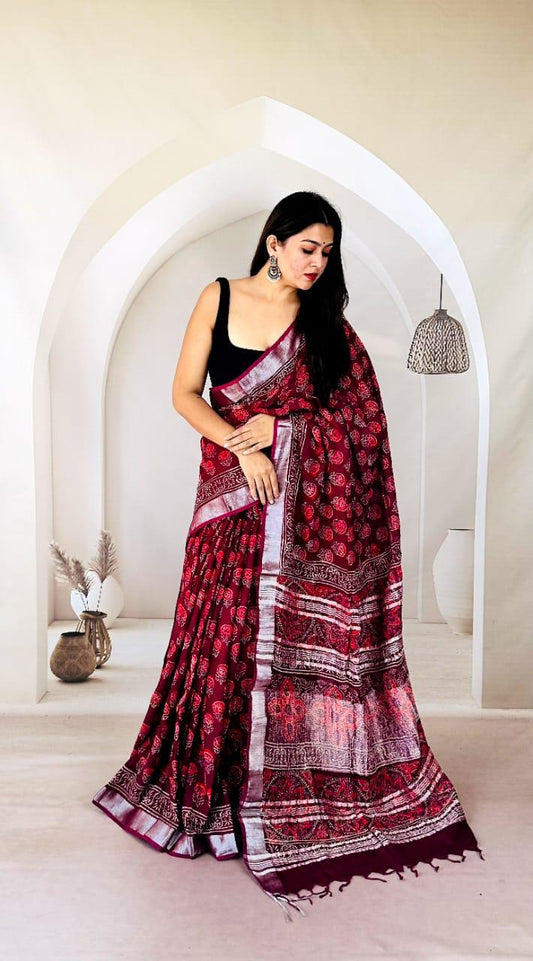 Bagru Handcrafted Linen Saree – Natural Dye - bagru saree suit