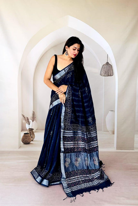 Bagru Print Linen Saree for Everyday Elegance - bagru saree suit