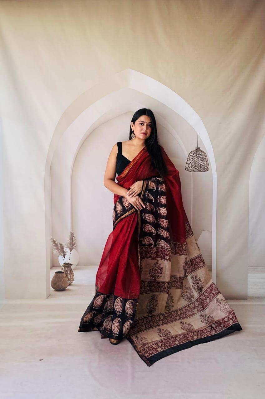 Classic Kota Doria Saree with Hand Block Printing - bagru saree suit