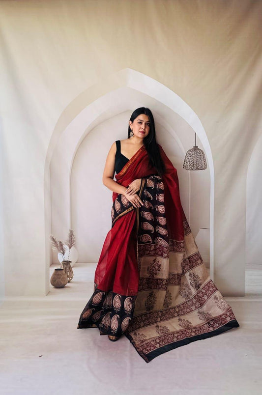 Classic Kota Doria Saree with Hand Block Printing - bagru saree suit