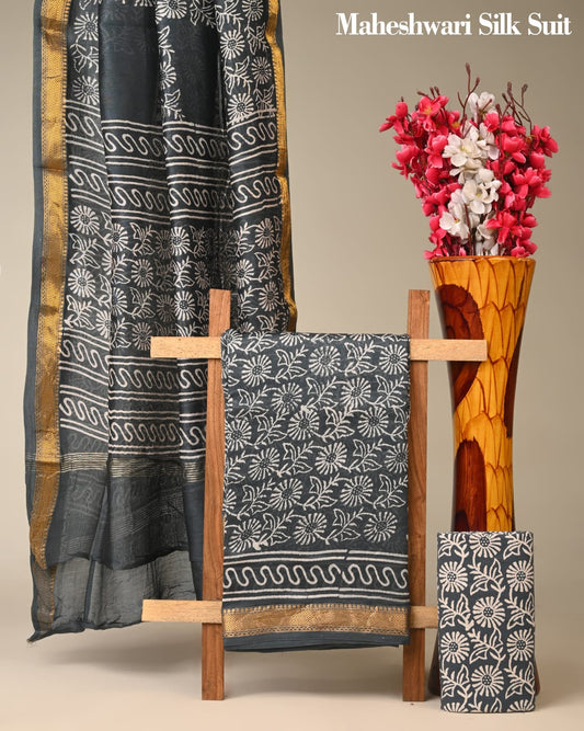 Handloom Maheshwari Silk Suit Material - bagru saree suit