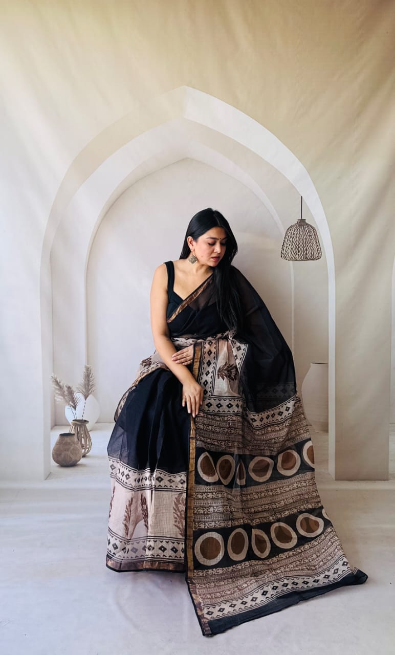 Kota Doria Saree with Authentic Dabu Print - bagru saree suit