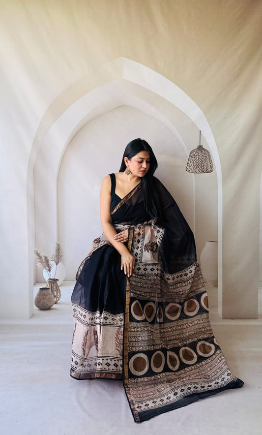 Kota Doria Saree with Authentic Dabu Print - bagru saree suit