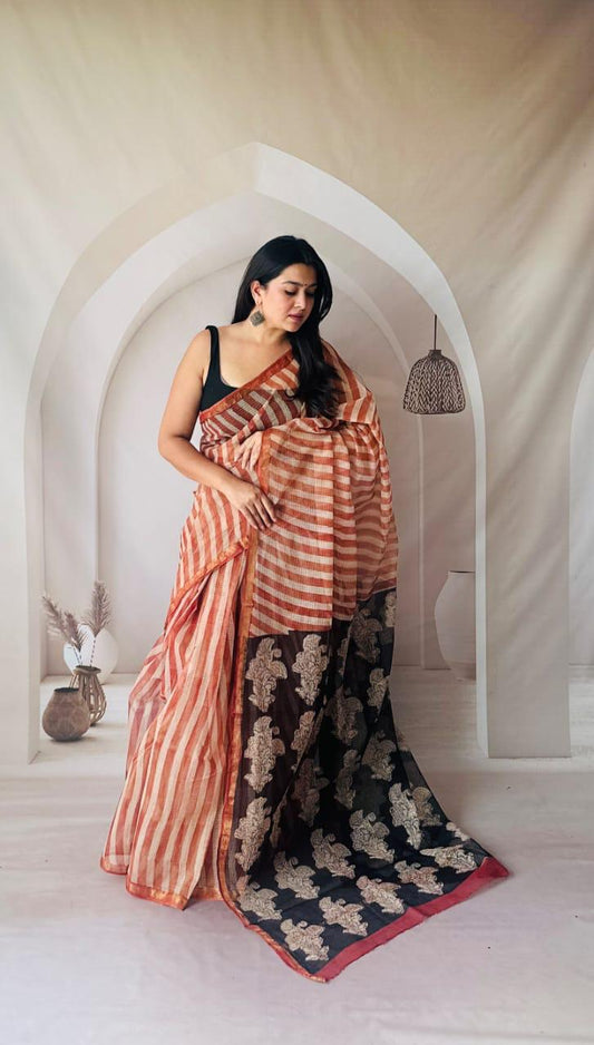 Kota Doria Saree with Ethnic Block Print Pattern - bagru saree suit