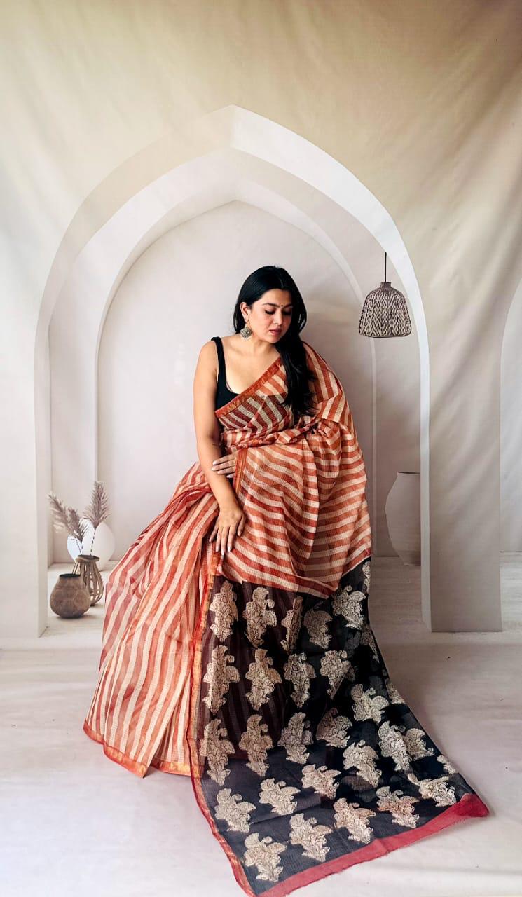 Kota Doria Saree with Ethnic Block Print Pattern - bagru saree suit
