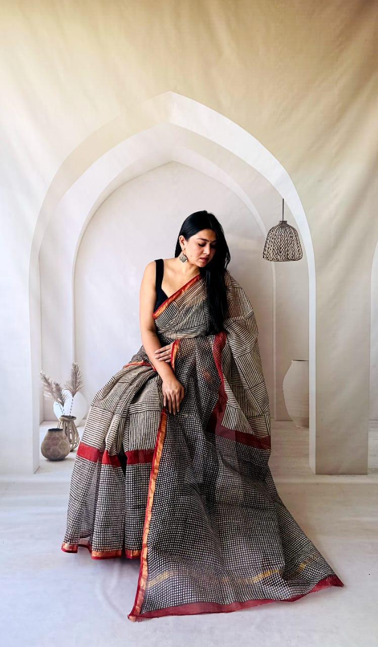 Kota Doria Saree with Minimal Hand Block Print - bagru saree suit