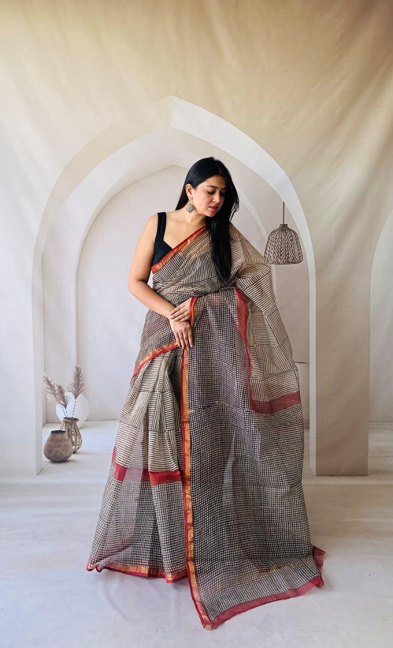 Kota Doria Saree with Minimal Hand Block Print - bagru saree suit