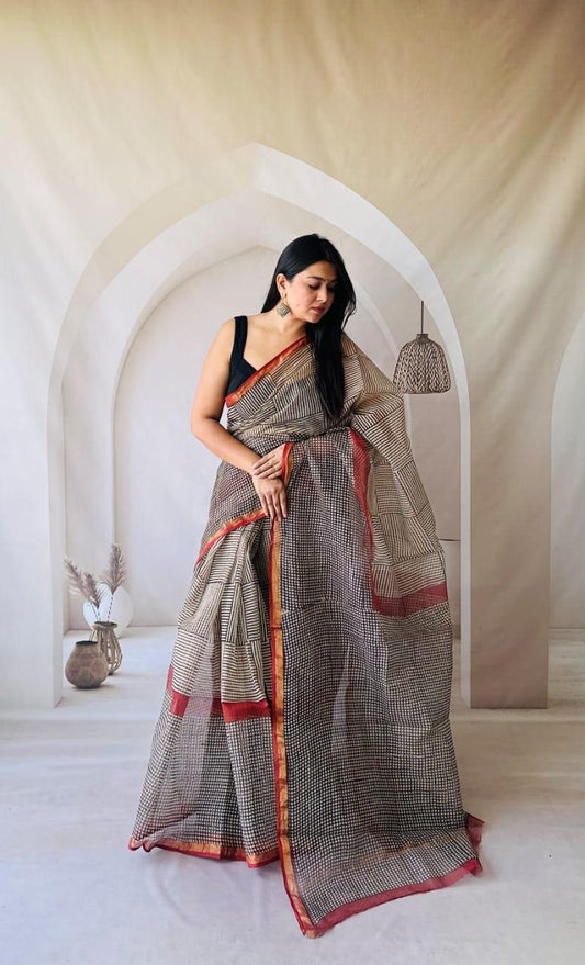 Kota Doria Saree with Minimal Hand Block Print - bagru saree suit