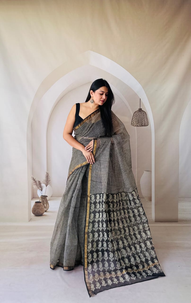 Kota Doria Saree with Natural Dye Block Print - bagru saree suit