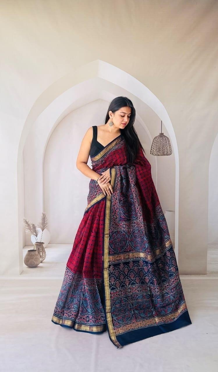 Maheshwari Saree with Contrast Border - bagru saree suit
