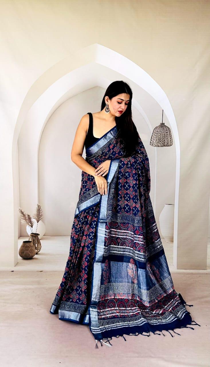 Naturally Dyed Linen Saree with Bagru Motifs - bagru saree suit