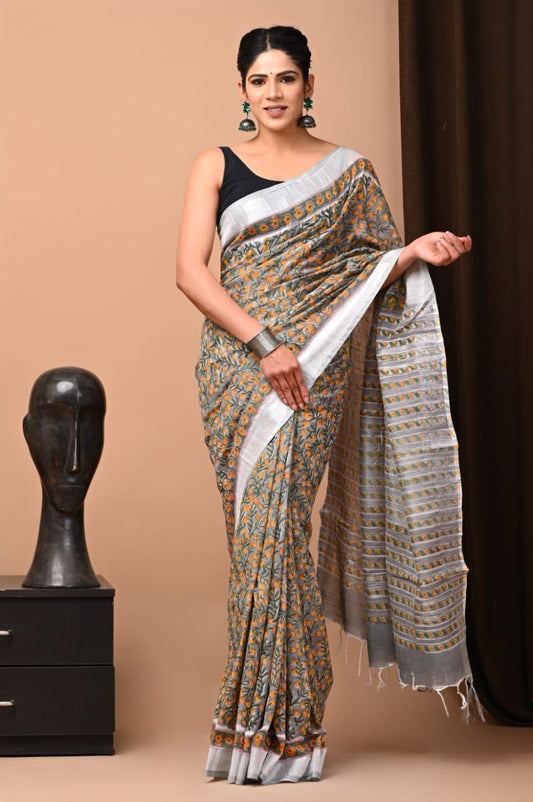 Premium Natural Dye Bagru Linen Saree - bagru saree suit