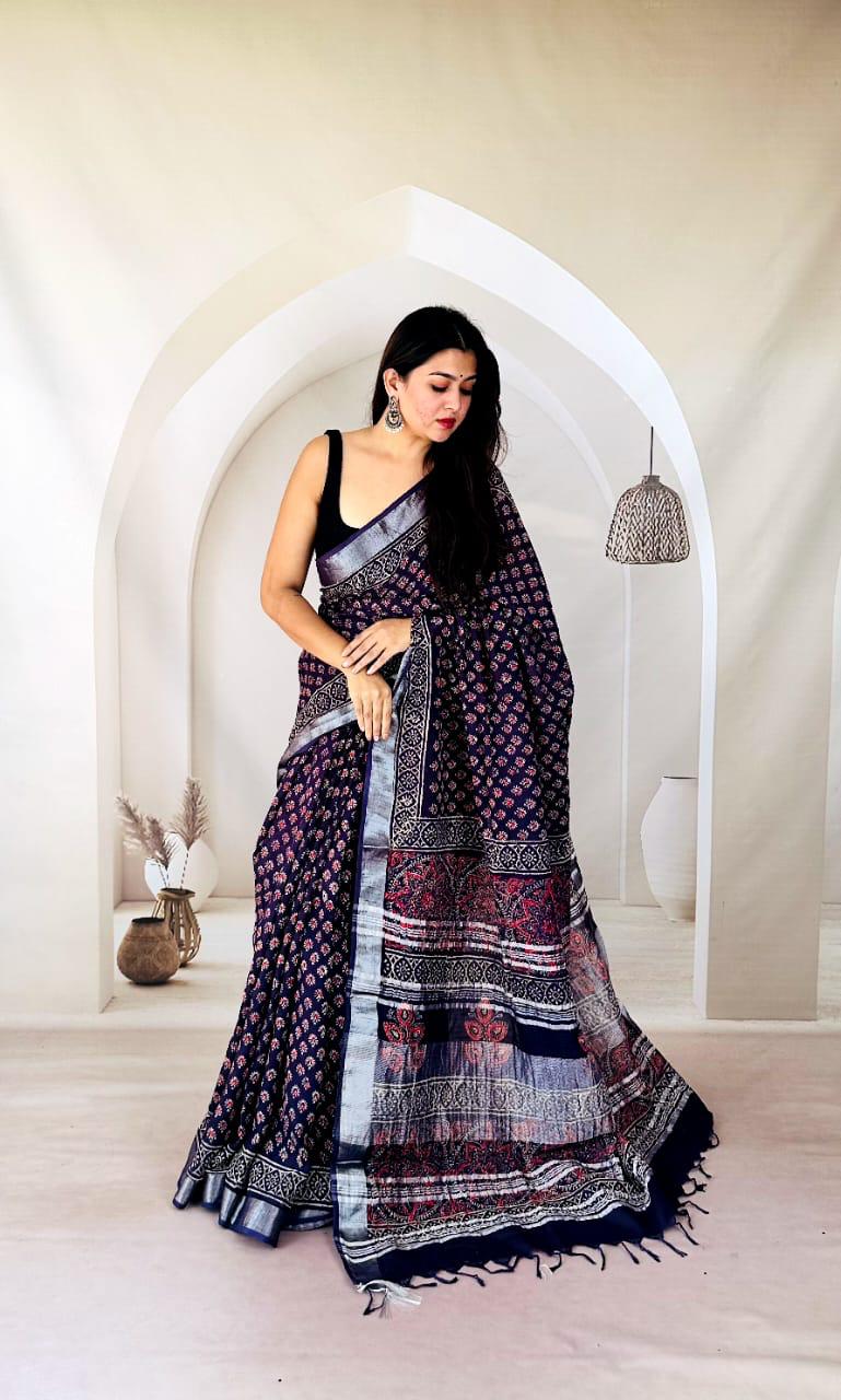 Pure Linen Saree with Bagru Block Print - bagru saree suit