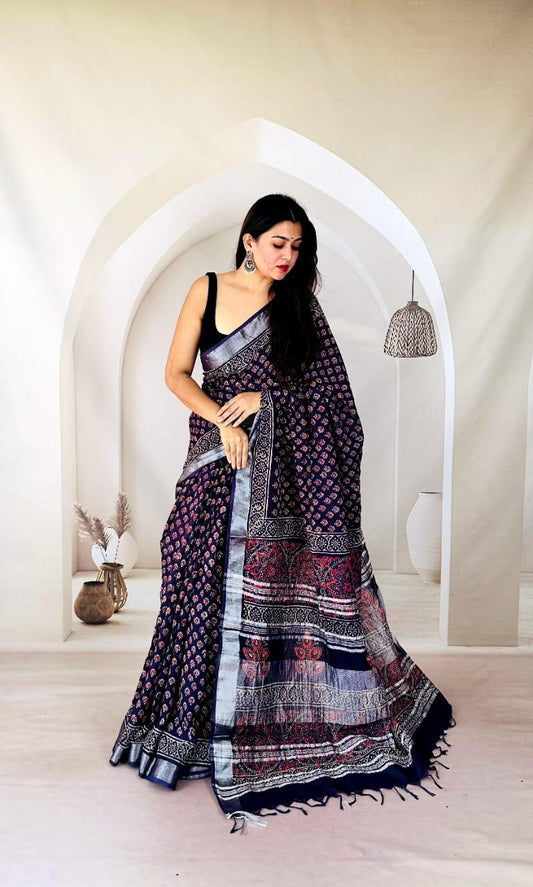 Pure Linen Saree with Bagru Block Print - bagru saree suit