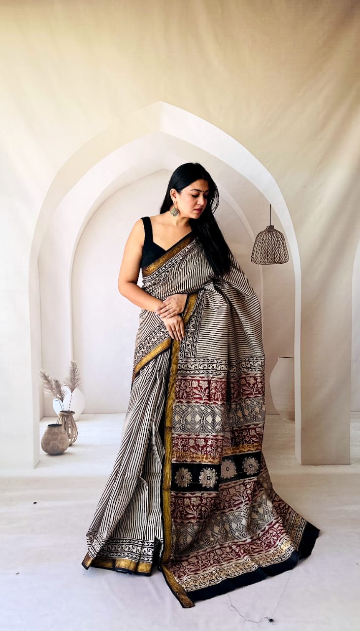 Pure Maheshwari Saree with Zari Border - bagru saree suit